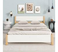 Flieks Lit en bois Lit classique 140x200cm avec sommier à lattes, Lit double Lit d'adolescent Lit d'enfant avec tête de lit, Lit de jour Lit futon, Naturel