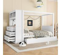 Flieks Lit en bois Lit d'adolescent 90x200cm avec espace de rangement et armoire latérale, Lit classique une place avec sommier à lattes, Lit d'enfant lit à baldaquin, Blanc