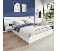 Flieks Lit en bois Lit double 180x200cm avec USB & horloge électronique, Lit jeune Lit avec 2 tables de nuit & haut-parleur Bluetooth, Lit classique, Blanc