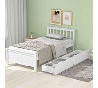 Flieks Lit en bois massif Lit classique 90x200cm avec sommier à lattes et 2 tiroirs, lit de jeune lit simple lit d'invité blanc