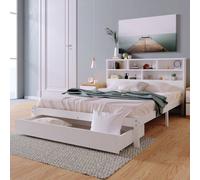 Flieks Lit en bois massif Lit double 140x200cm Lit d'enfant avec tiroir et sommier à lattes Lit en bois avec bibliothèque Tête de lit, blanc sans matelas