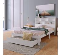 Flieks Lit en bois massif Lit simple 90x200cm Lit d'enfant avec tiroir et sommier à lattes Lit en bois avec bibliothèque Tête de lit, Lit d'adolescent blanc sans matelas
