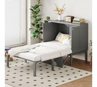 Flieks Lit fonctionnel lit escamotable 90x200cm avec sommier à lattes, pliable lit simple lit de jeune lit mural pliable avec sommier à lattes, lit en bois gris