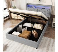 Flieks Lit hydraulique capitonné 140x190cm avec chaîne hi-fi, lit boxspring lit de rangement avec USB et Led, lit double lit jeune avec sommier à lattes, lin