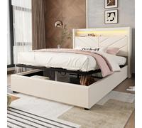 Flieks Lit hydraulique capitonné 140x190cm avec chaîne hi-fi, lit boxspring lit de rangement avec USB et Led, lit double lit jeune avec sommier à lattes, lin