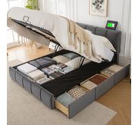 Flieks Lit hydraulique capitonné 140x200cm avec fonction de chargement, lit de rangement double avec 3 tiroirs, lit boxspring en bois avec sommier à lattes, velours