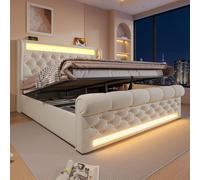 Flieks Lit hydraulique capitonné 140x200cm avec USB et type-C, Lit double pour adolescents avec Led, Lit de rangement Lit d'enfant avec sommier à lattes, Velours, Beige