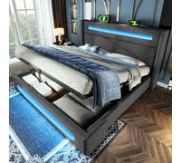 Flieks Lit hydraulique capitonné 140x200cm avec USB & Type-C, lit double pour adolescents avec Led, lit de rangement Boxspring avec sommier à lattes, lin, gris