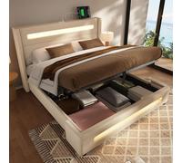Flieks Lit hydraulique capitonné 140x200cm avec USB & Type-C, Lit double pour adolescents avec Led, Lit de rangement Boxspring avec sommier à lattes, Lin, Beige