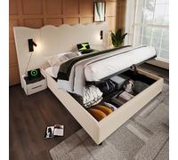 Flieks Lit hydraulique capitonné 160x200cm avec fonction de chargement et lampe de lecture, lit de rangement lit double Boxspring avec sommier à lattes, tissu velours côtelé, beige