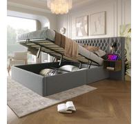Flieks Lit hydraulique rembourré 160x200cm avec USB et table de nuit, lit double boxspring avec lampe de lecture, lit de rangement en bois velours, gris