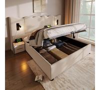 Flieks Lit hydraulique rembourré 180x200cm avec fonction de chargement et lampe de lecture, lit de rangement Lit double Boxspring avec sommier à lattes, lin, beige
