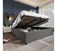 Flieks Lit hydraulique rembourré 180x200cm avec fonction de chargement et lampe de lecture, lit de rangement Lit double Boxspring avec sommier à lattes, lin, gris