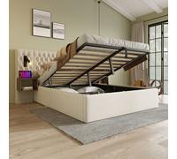 Flieks Lit hydraulique rembourré 180x200cm avec USB et table de nuit, lit double boxspring avec lampe de lecture, lit de rangement en bois velours, beige