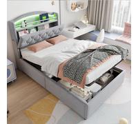 Flieks Lit hydraulique rembourré 90x200cm avec fonction de chargement et Led, Lit d'adolescent Lit d'enfant avec étagère et tête de lit pliante, Lit simple Velours, Gris