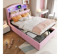 Flieks Lit hydraulique rembourré 90x200cm avec fonction de chargement et Led, Lit d'adolescent Lit d'enfant avec étagère et tête de lit pliante, Lit simple Velours, Rose