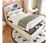 Flieks Lit hydraulique rembourré 90x200cm avec fonction de chargement et Led, Lit d'adolescent Lit d'enfant avec étagère et tête de lit rabattable, Lit simple Velours, Beige