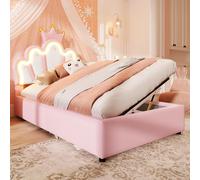 Flieks Lit hydraulique rembourré 90x200cm avec sommier à lattes, Lit d'enfant avec tête de lit en forme de couronne, Lit d'adolescent simple avec Led, Lit de princesse PU