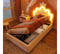 Flieks Lit hydraulique rembourré 90x200cm avec sommier à lattes, Lit d'enfant avec tête de lit en forme de couronne, Lit d'adolescent simple avec Led, Lit de princesse PU