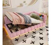 Flieks Lit hydraulique rembourré Lit de jour 90x200cm, Canapé-lit avec USB & Type-C, Daybed Lit d'adolescent avec LED, Lit de rangement Vliesimitat, Rose
