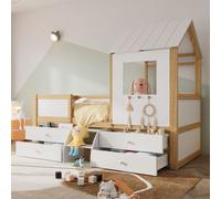 Flieks lit mezzanine 90x200cm avec 4 tiroirs, lit d'enfant superposé avec échelle et sommier, lit de maison en bois lit simple avec protection contre les chutes, couleur bois