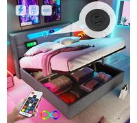 Flieks Lit rembourré 140x200 avec USB et type C, Lit boxspring avec sommier à lattes, Lit jeune avec LED, Lit de rangement hydraulique Lit double, Lin, Gris