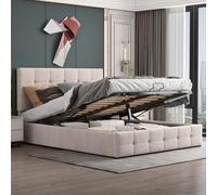 Flieks Lit rembourré 140x200 cm avec sommier à lattes, tiroir et tête de lit, lit double avec sommier en velours, blanc