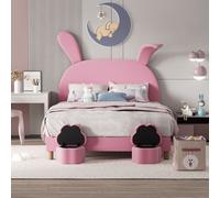 Flieks Lit rembourré 140x200cm avec 2 tabourets de rangement, Lit d'enfant avec tête de lit en forme d'oreille de lapin, Lit d'adolescent avec LED, Lit double en bois velours, Rose