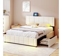 Flieks Lit rembourré 140x200cm avec 2 USB, Lit double avec 4 tiroirs, Lit de rangement avec sommier à lattes, Lit jeune avec LED, Lin, Beige