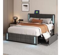 Flieks Lit rembourré 140x200cm avec 2 USB, Lit double avec 4 tiroirs, Lit de rangement avec sommier à lattes, Lit jeune avec LED, Lin, Gris