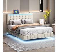 Flieks Lit rembourré 140x200cm avec 2 USB, Lit double avec sommier à lattes, Lit jeune avec LED, Lit en bois avec cadre de lit flottant, Lin, Beige