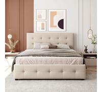 Flieks Lit rembourré 140x200cm avec 4 tiroirs, lit double de rangement avec sommier à lattes et tête de lit réglable en hauteur, lit en bois pour adolescents, velours beige