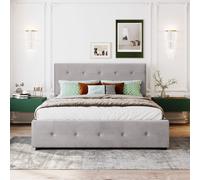 Flieks Lit rembourré 140x200cm avec 4 tiroirs, lit double de rangement avec sommier à lattes et tête de lit réglable en hauteur, lit en bois pour adolescents, velours, gris