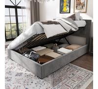 Flieks Lit rembourré 140x200cm avec espace de rangement, lit de rangement hydraulique Lit boxspring avec sommier à lattes, lit double pour adolescents, velours, gris