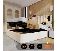Flieks Lit rembourré 140x200cm avec lampe de lecture, Lit double de rangement Lit boxspring avec fonction de recharge (USB, type-C), Lit pour jeunes avec sommier à lattes, coton