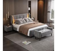 Flieks Lit rembourré 140x200cm avec Led, Ensemble complet de chambre à coucher avec tabouret de pied et table de nuit, Lit double avec sommier à lattes, Velours, Gris
