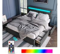 Flieks Lit rembourré 140x200cm avec LED et tête de lit réglable en hauteur, lit double avec sommier à lattes et 4 tiroirs, lit de rangement lin, gris