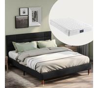 Flieks Lit rembourré 140x200cm avec sommier à lattes et tête de lit, Lit de jeune cadre de lit double avec matelas, lin, noir