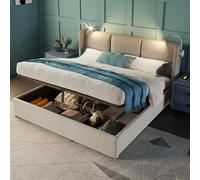 Flieks Lit rembourré 140x200cm avec sommier à lattes, lit boxspring avec liseuse et fonction de chargement, lit double fonctionnel à ranger, lin, beige