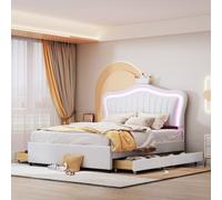 Flieks Lit rembourré 140x200cm avec sommier à lattes, Lit d'adolescent Lit d'enfant avec Led, Lit double avec 2 tiroirs, Lit en bois Lit classique, PU, Blanc