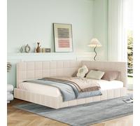 Flieks Lit rembourré 140x200cm avec sommier à lattes, Lit de jour Canapé-lit avec dossier réglable, Lit double Lit d'invité Lit de jour Lit d'adolescent, Velours, Beige