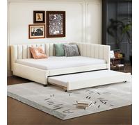 Flieks Lit rembourré 140x200cm avec sommier à lattes, Lit de jour Canapé-lit avec lit gigogne, Lit double Lit d'invité Daybett Lit de jeune Sofabett, Velours, Beige