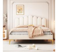 Flieks Lit rembourré 140x200cm avec sommier à lattes, Lit double pour adolescents avec tête de lit en forme de clôture, Lit d'enfant en bois Lit classique, Velours, Beige