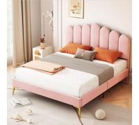 Flieks Lit rembourré 140x200cm avec sommier à lattes, Lit double pour adolescents avec tête de lit en forme de clôture, Lit d'enfant en bois Lit classique, Velours, Rose