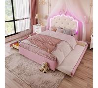 Flieks Lit rembourré 140x200cm avec tête de lit en forme de couronne, lit d'enfant lit d'adolescent avec lit gigogne et 2 tiroirs, lit double avec LED, PU, rose