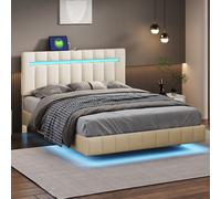 Flieks Lit rembourré 140x200cm avec USB et LED, Lit double pour jeunes avec sommier à lattes, Lit fonctionnel Lit classique en bois, Lin, Beige
