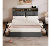 Flieks Lit rembourré 140x200cm avec USB et prises de courant, lit double pour adolescents avec 4 tiroirs, lit de rangement en bois massif avec sommier à lattes, lin, gris