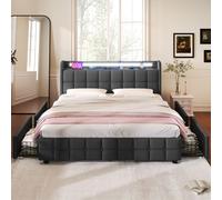Flieks Lit rembourré 140x200cm avec USB et prises de courant, lit double pour adolescents avec 4 tiroirs, lit de rangement en bois massif avec LED et sommier à lattes, lin, gris