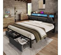 Flieks Lit rembourré 140x200cm avec USB et type C, lit de rangement en métal avec sommier à lattes, lit double pour jeunes avec LED et tiroir, lin, gris
