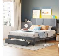 Flieks Lit rembourré 140x200cm avec USB, Lit double pour adolescents avec tiroir, Lit en bois Lit de rangement avec sommier à lattes et LED, Velours, Gris